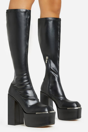 Own-It Square Toe Platform Block Heel Knee High Long Sock Boot In Black Faux Leather