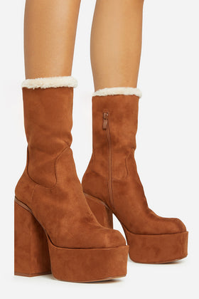 Peri Faux Fur Lining Square Toe Platform Block Heel Ankle Boot In Tan Brown Faux Suede