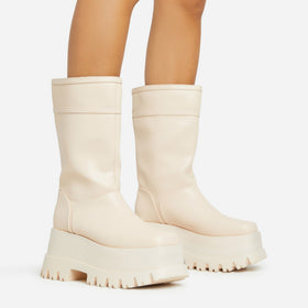 Walker Chunky Platform Sole Mid Calf Biker Boot In Nude Faux Leather