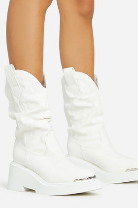 Ohio Embroidered Detail Ankle Western Cowboy Boot In White Faux Leather