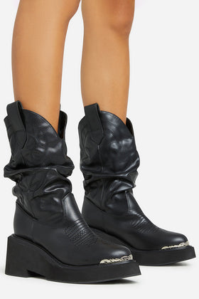 Ohio Embroidered Detail Ankle Western Cowboy Boot In Black Faux Leather