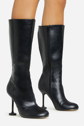 Envious Square Toe Mid Calf Heel Boot In Black Faux Leather