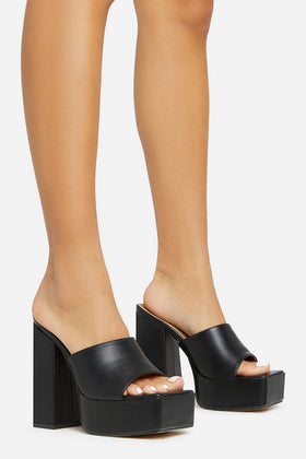 Bonnie Square Toe Platform Block Heel Mule In Black Faux Leather