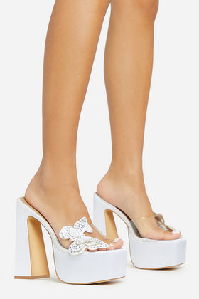 Walk-That-Walk Diamante Butterfly Detail Perspex Strap Block Heel Mule In White Faux Leather