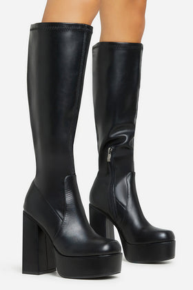 Runway Square Toe Platform Block Heel Knee High Long Sock Boot In Black Faux Leather