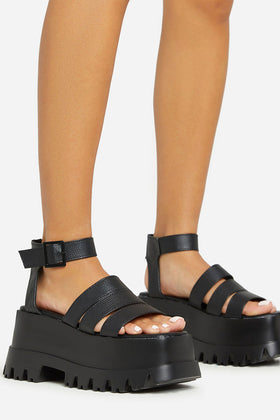 Track Multi Strap Detail Chunky Platform Sole Flat Sandal In Black Faux Leather
