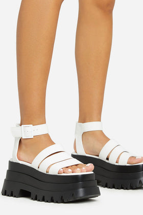 Track Multi Strap Detail Chunky Platform Flat Sole Sandal In White Faux Leather