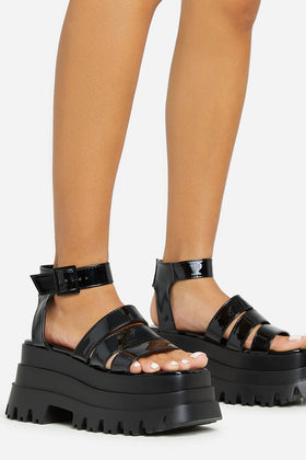 Track Multi Strap Detail Chunky Platform Sole Flat Sandal In Black Patent