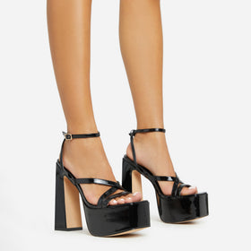 Libby Strappy Detail Square Toe Platform Block Heel In Black Patent