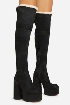 Rambles Faux Fur Lining Square Toe Platform Block Heel Over The Knee Thigh High Long Boot In Black Faux Suede