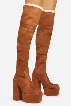 Rambles Faux Fur Lining Square Toe Platform Block Heel Over The Knee Thigh High Long Boot In Tan Brown Faux Suede