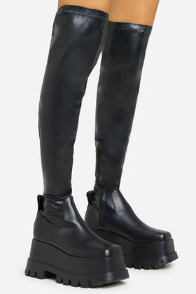 Kriss Chunky Platform Sole Over The Knee Thigh High Long Boot In Black Faux Leather