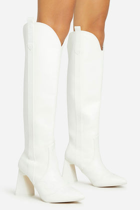 Wild-Side Pointed Toe Block Heel Knee High Long Western Cowboy Boot In White Faux Leather