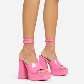Clay Lace Up Square Toe Platform Block Heel In Pink Patent