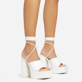 Clay Lace Up Square Toe Platform Block Heel In White Patent