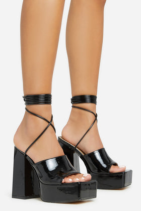 Clay Lace Up Square Toe Platform Block Heel In Black Patent