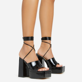 Clay Lace Up Square Toe Platform Block Heel In Black Patent