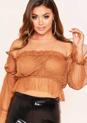 Jessica Brown Polkadot Mesh Bardot Crop Top