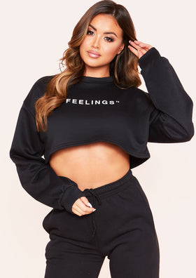 Leandra Black Feelings Slogan Cropped Sweatshirt
