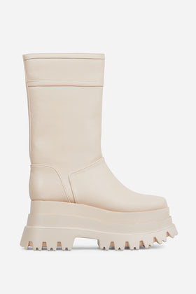 Walker Chunky Platform Sole Mid Calf Biker Boot In Nude Faux Leather