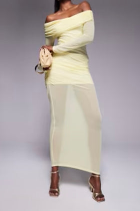 Ella Lemon Mesh Insert Bardot Mini Dress