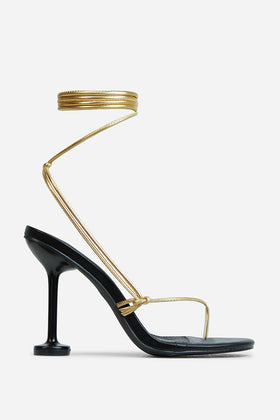 Margot Lace Up Knot Detail Heel In Gold Faux Leather