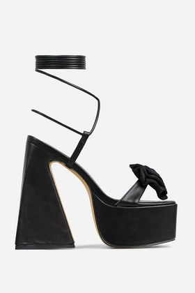 Lippy Lace Up Rose Detail Platform Block Heel In Black Faux Leather