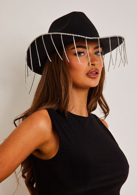 Kelly Black Diamante Tassel Trim Cowboy Hat