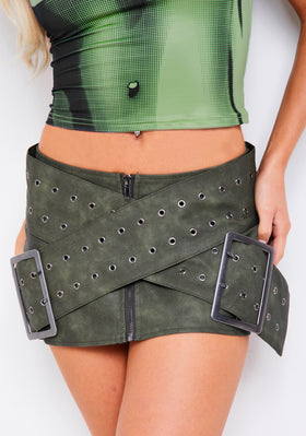 Beth Green Crossover Belt PU Mini Skirt