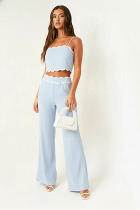 Amelia Blue & White Scallop Edge Crop Top