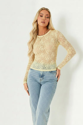 Rachel Yellow Sheer Lace Long Sleeve Top