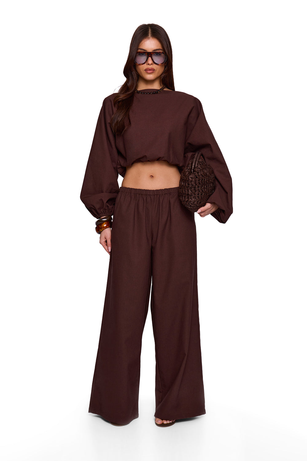 Brown Linen Blend Wide Trouser