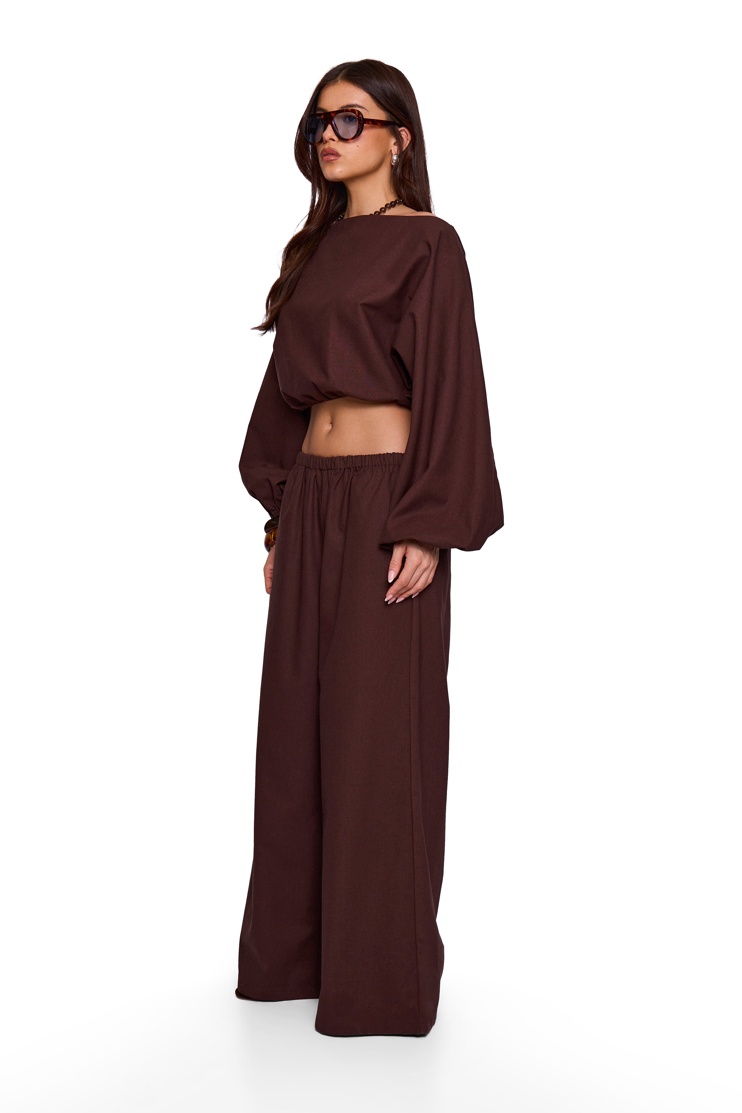 Brown Linen Blend Off Shoulder Top