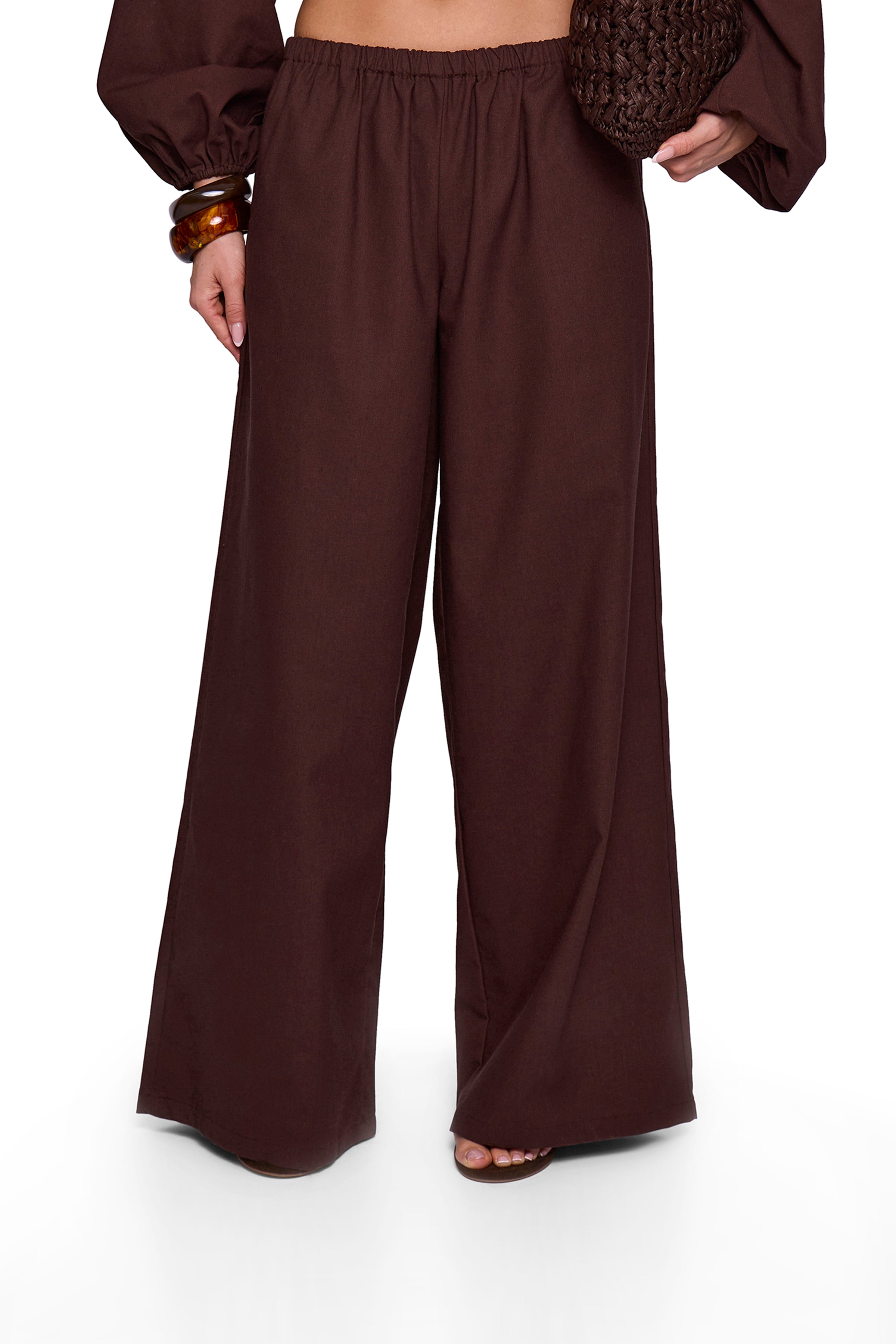 Brown Linen Blend Wide Trouser