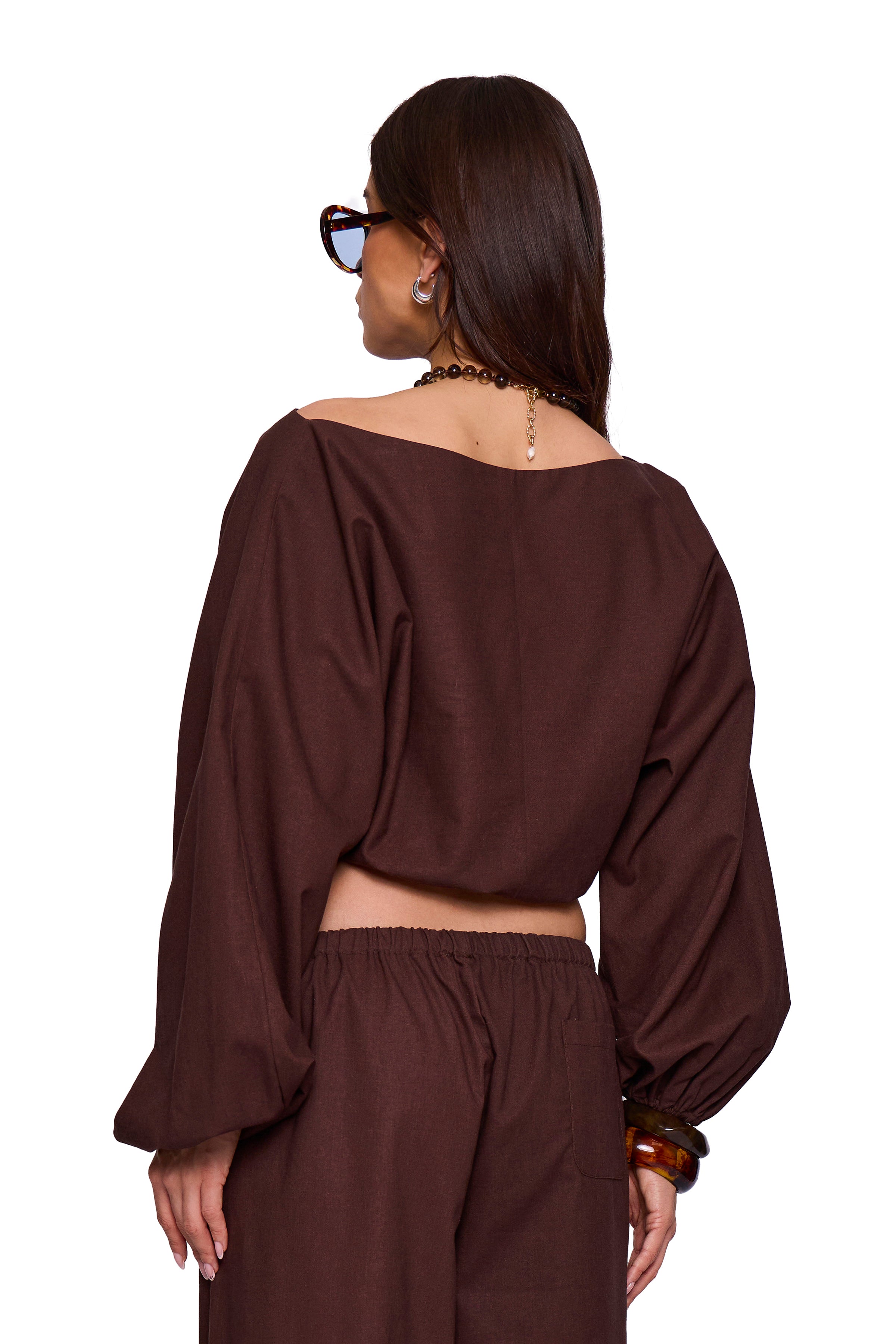 Brown Linen Blend Off Shoulder Top
