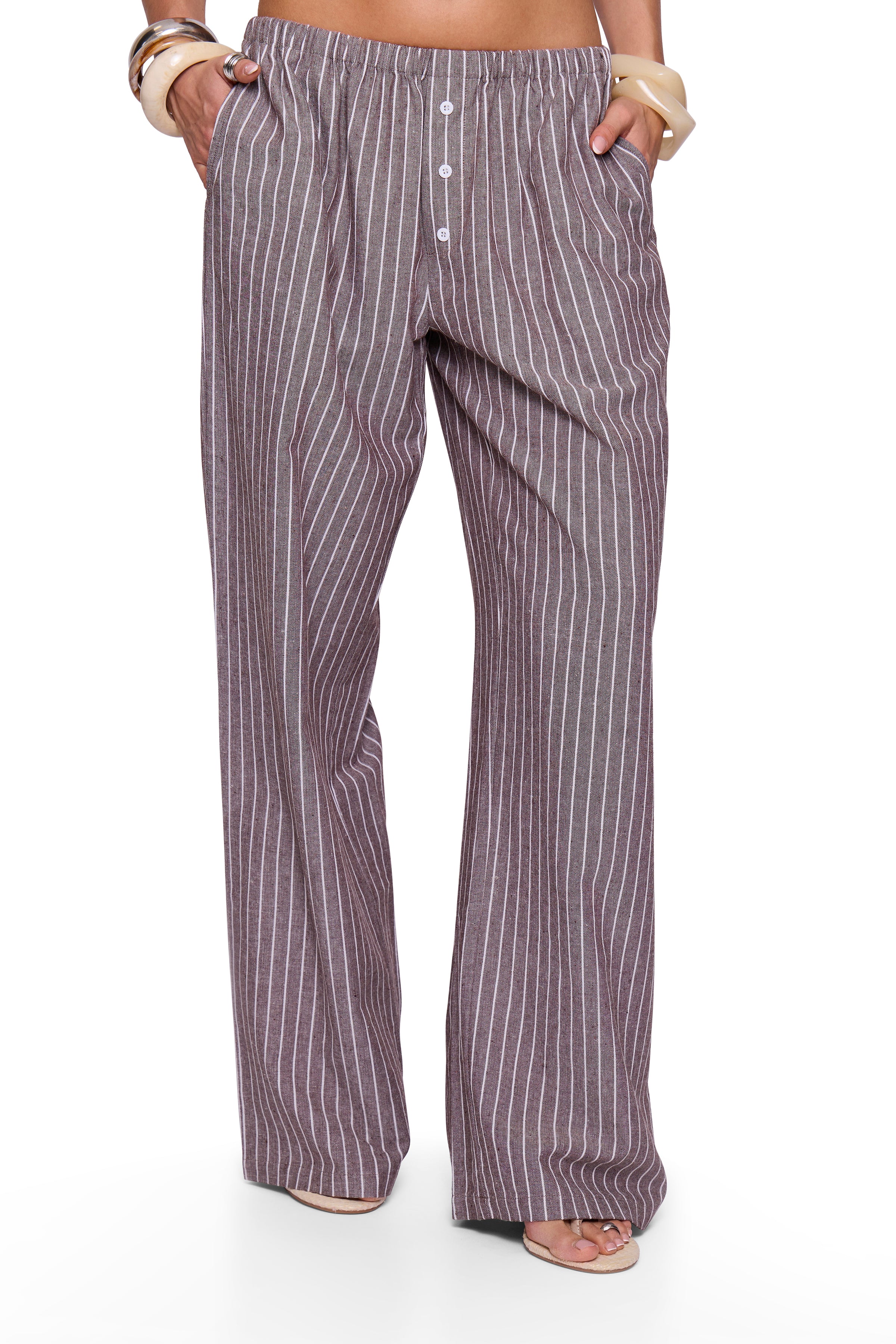 Brown Pinstripe Button Wide Trouser