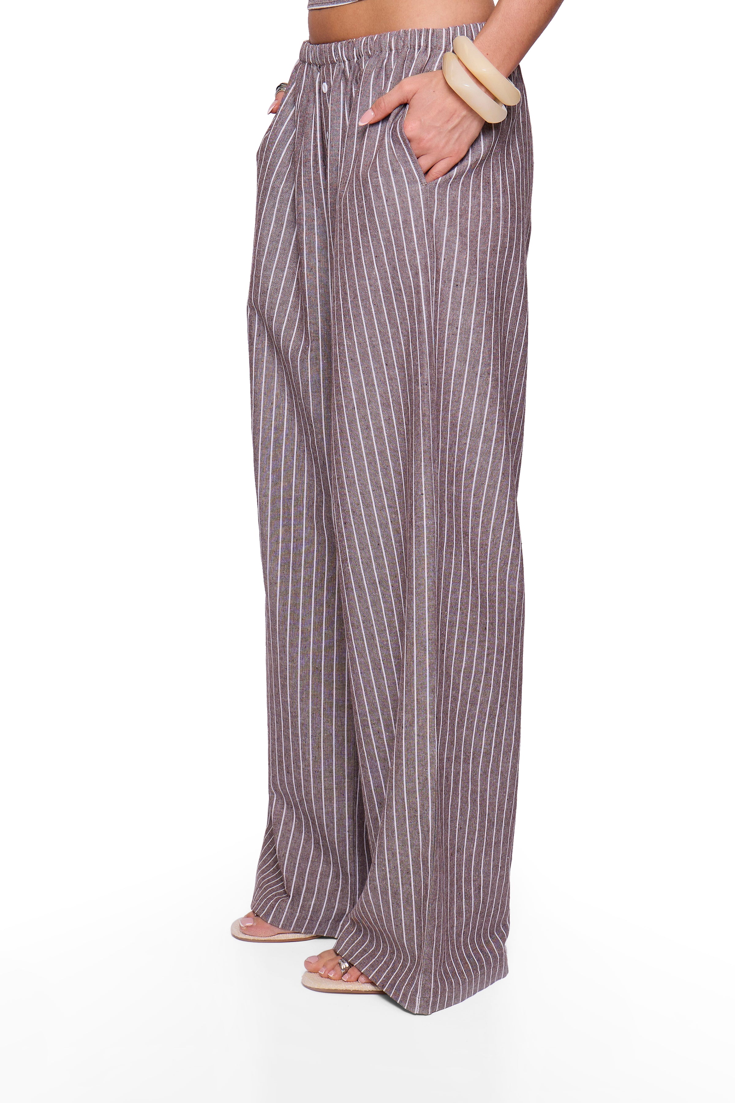Brown Pinstripe Button Wide Trouser