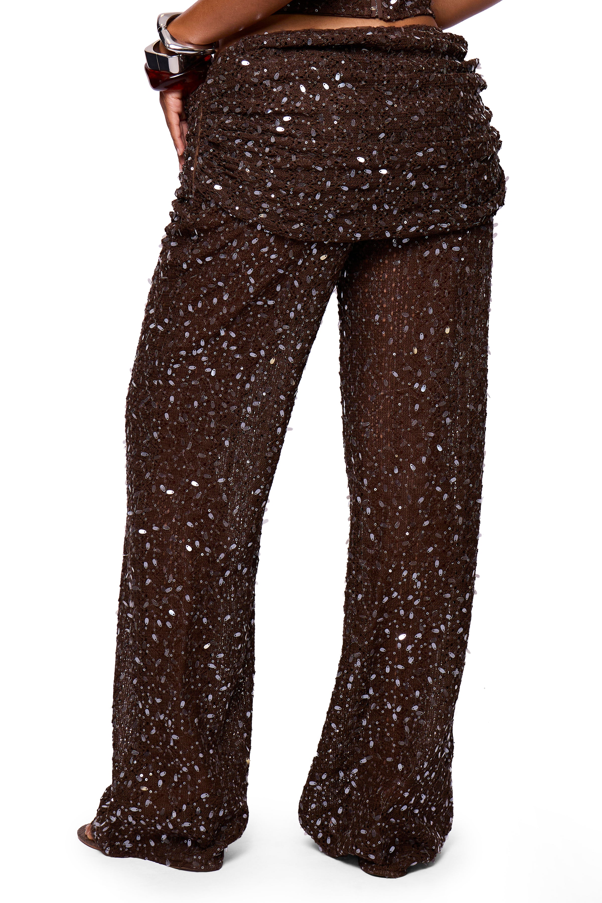 Chocolate Sequin Fold Over Trouser