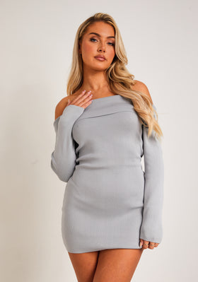 Kiara Grey Long Sleeve Off The Shoulder Knitted Dress
