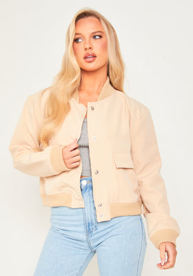 Becca Beige Button Up Cropped Bomber Jacket