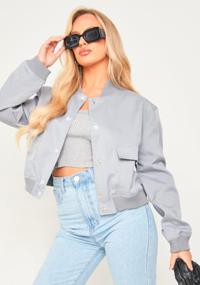 Becca Light Grey Button Up Cropped Bomber Jacket