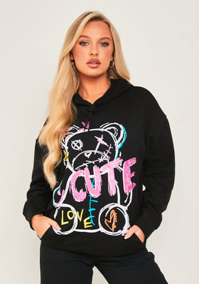 Pippa Black Bear Print Graffiti Hoodie