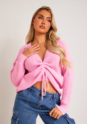 Alicia Pink Ruched Front Knitted Jumper