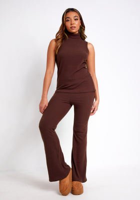 Kaia Chocolate Brushed Rib Straight Leg Trouser