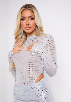 Celeste Silver Sheer Sequin Detail High Neck Bodysuit With Thumb Hole