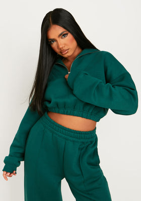 Nelly Green Cropped Quarter Zip Sweatshirt