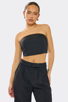 Kaysie Black Satin Fold Over Bandeau Top