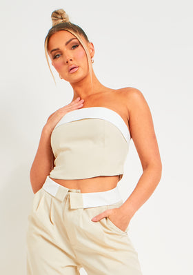 Kaysie Beige Fold Over Bandeau Top