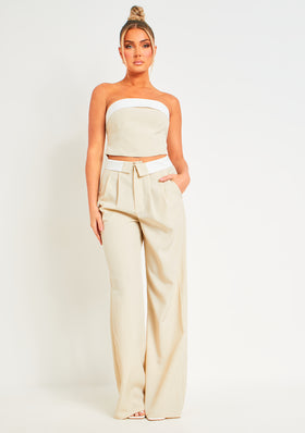 Gracie Beige Fold Over Waist Wide Leg Trousers