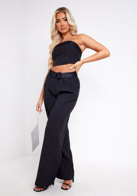 Gracie Black Satin Fold Over Waist Wide Leg Trousers